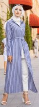 Robe a rayures entierement boutonnee devant avec ceinture assortie (Vetement d'ete femme voilee) - Couleur bleu et blanc