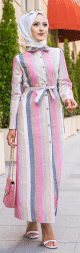 Robe d'ete entierement boutonnee (Vetement Turquie femme voilee) - Style Turque - Couleur des rayures Creme-Gris-Beige-Rose