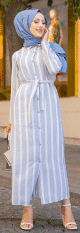 Robe chemise d'ete longue a rayures (Vetement hijab chic pour femme) - Couleur blanc et bleu clair