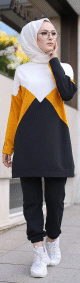 Ensemble decontracte hijab moderne deux pieces pour femme musulmane - Survetement a 3 couleurs : moutarde, noir et blanc