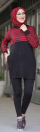 Tunique sportswear a rayures rouge bordeaux et noir pour femme (Modest Fashion)
