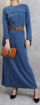 Robe longue evasee avec poches et ceinture marron - Couleur Bleu