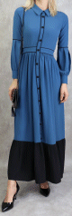 Robe longue evasee bicolore - Couleur bleu acier