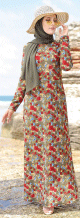 Robe longue fleurie sur un fond de couleur Kaki pour femme voilee (Boutique en ligne Modeste fashion France)