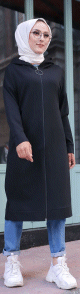 Cardigan Gilet long zippe style hijab sportswear col a capuche pour femme voilee - Couleur noir