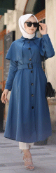 Robe mi longue style Trench (Vetement hijab) pour femme voilee) - Couleur bleu petrole
