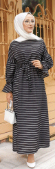 Robe longue a rayures avec ceinture pour femme voilee - Couleur noire