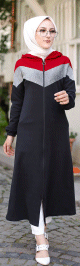 Cardigan long moderne robe zippee style hijab sport avec partie argentee - Couleur noir et bordeaux