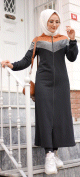 Cardigan long a capuche avec partie argentee - Robe zippee style sport pour femme voilee - Couleur noir et marron clair