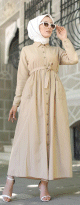 Robe chemise longue avec ceinture et grandes poches (Tenue ample pour femme voilee) - Couleur beige