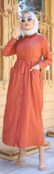 Robe chemise longue avec ceinture et grandes poches (Vetement ample pour femme voilee) - Couleur brique
