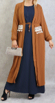 Kimono long plisse style oriental avec decorations et strass pour femme - Couleur caramel