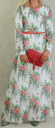 Robe longue en mousseline blanche motifs fleurs saumon avec doublure pour femme