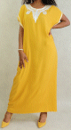 Robe orientale type gandoura tunisienne avec broderies pour femme - Couleur jaune moutarde