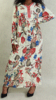 Robe orientale de maison fluide (gandoura) manches longues fleurie pour femme - Couleur Rouge et Bleu