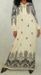 Robe orientale longue avec motifs noirs cachemire en coton pour femme - Couleur beige