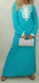 Robe orientale longue pour femme avec perles et broderies 100% coton - Couleur vert emeraude