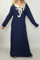 Robe longue orientale mastour pour femme avec broderies et strass dores - Couleur bleu marine