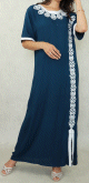 Robe orientale algerienne a manches courte brodee et perlee pour femme - Couleur Bleu marine