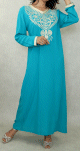 Robe oriental longue a strass et broderies en coton pour femme - Couleur Bleu canard