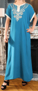 Robe orientale longue de maison / d'ete manche courte avec belles broderies pour femme - Couleur Bleu canard