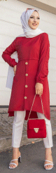 Tunique ample evasee boutonnee (Vetement style habille pour femme voilee) - Couleur Rouge Bordeaux