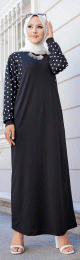 Robe longue noire motifs a pois (Abaya hijab moderne pas cher en ligne)