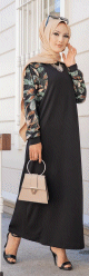 Robe longue noire motifs fleuris "jungle" (Abaya hijab moderne)