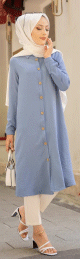 Chemise longue boutonnee type tunique (Boutique Vetement Modest Fashion France) - Couleur bleu indigo