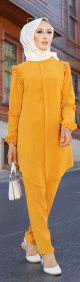 Ensemble femme deux pieces tunique et pantalon (Vetement de ville Hijab mastour) - Jaune moutarde