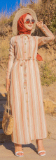 Robe chemise longue d'ete a rayures (Vetement d'ete pour femme voilee) - Couleur beige, rouille et blanc