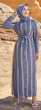 Robe chemise tres longue a rayures (Vetement chic pour femme musulmane) - Couleur gris, bleu et blanc