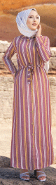 Robe chemise tres longue a rayures (Vetement femme voilee chic) - Couleur bordeaux, rouille et blanc