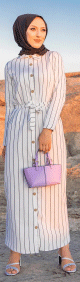 Robe chemise d'ete longue a rayures (Vetement hijab chic pour femme) - Couleur blanc et noir