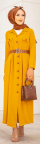 Robe longue casual boutonnee avec sa ceinture (Vetement hijab chic pour femme) - Couleur Jaune moutarde