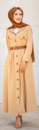 Robe longue casual boutonnee avec sa ceinture pour femme (Vetement hijab chic) - Couleur Beige