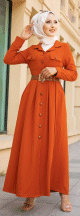 Robe longue casual boutonnee avec sa ceinture (Vetement pour femme musulmane) - Couleur brique
