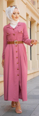 Robe longue casual boutonnee avec sa ceinture (Vetement chic pour femme voilee) - Couleur Rose