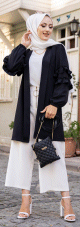 Gilet Veste long col chale manches a froufrou (Look tendance et style Hijabista) - Couleur Noir