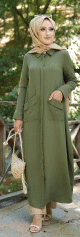 Robe longue fluide entierement boutonnee devant (Vetement hijab turque casual) - Couleur Kaki