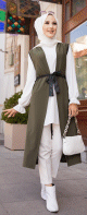 Gilet long sans manches pour femme avec ceinture noire (Mode islamique) - Couleur kaki