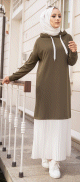 Robe longue a capuche effet plissee pour femme (Vetement moderne pour hijab) - Couleur Kaki et Blanc
