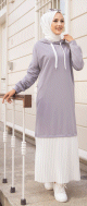 Robe longue a capuche effet plissee pour femme (Vetement moderne pour hijab - Mode Musulmane) - Couleur Gris et Blanc