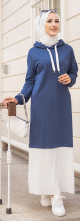 Robe longue a capuche jupe plissee integree (Vetement mastour pour femme musulmane) - Couleur bleu petrole et blanc