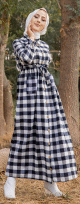 Robe chemise longue boutonnee a carreau avec ceinture (Robes Hijab saison Automne-Hiver) - Couleur blanc et noir