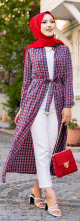 Robe boutonnee Chemise longue ecossaise avec ceinture assortie (Vetement style hijab pour femme voilee) - Couleur rouge