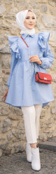 Tunique-chemise a volants ample pour femme (Vetement pour Hijab) - Couleur des rayures bleu et blanc