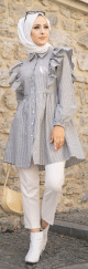 Tunique-chemise a volants ample pour femme (Vetement Hijab - Nouveaute) - Couleur des rayures noir et blanc