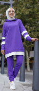 Survetement femme deux pieces bicolore a capuche (Ensemble sport hijab pas cher) - Couleur violet avec bandes blanches
