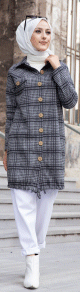 Chemise-Tunique boutonnee a carreaux pour femme (Vetement Mode Musulmane Automne Hiver) - Couleur gris